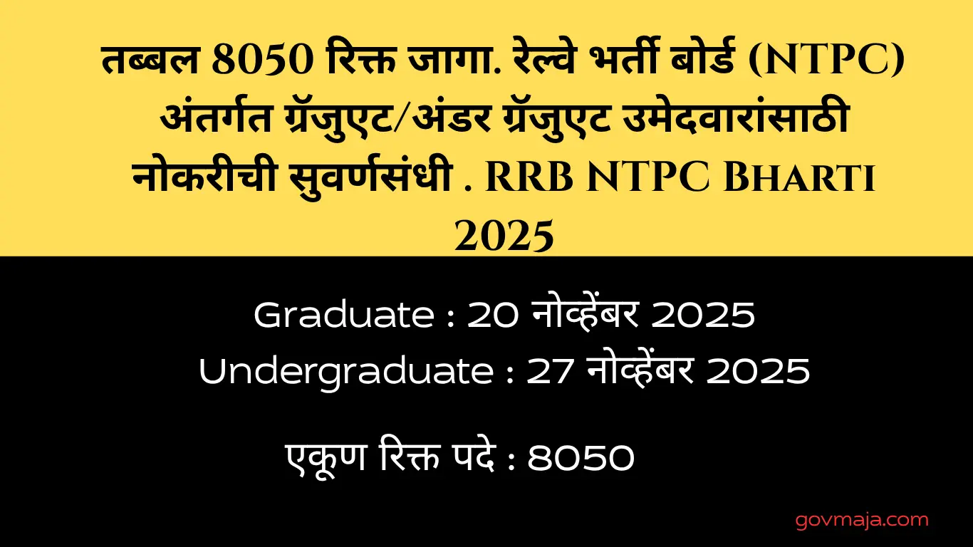 तब्बल 8050 रिक्त जागा. रेल्वे भर्ती बोर्ड (NTPC) अंतर्गत ग्रॅजुएट/अंडर ग्रॅजुएट उमेदवारांसाठी नोकरीची सुवर्णसंधी . RRB NTPC Bharti 2025